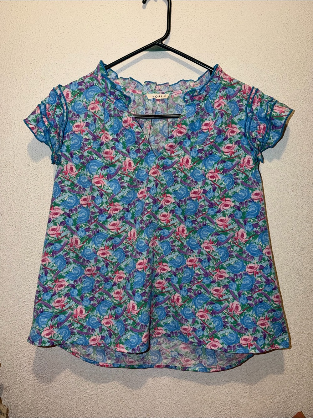 Kori Blue Floral Short Sleeve V-Neck Blouse with Pink and Green Accents